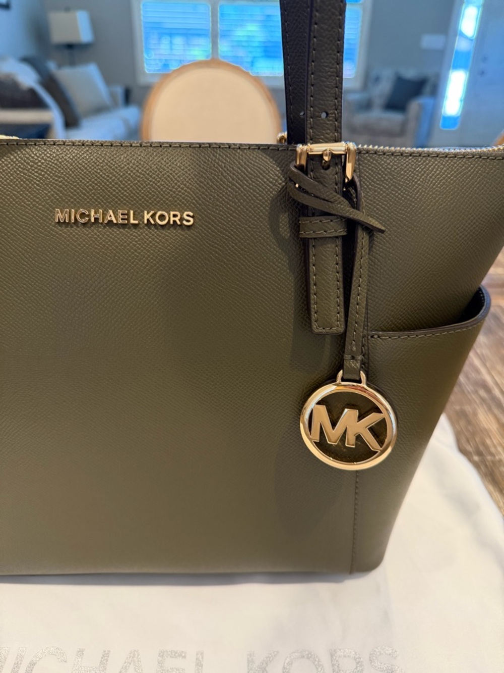 Michael Kors Olive Saffiano Leather Tote with Gold Logo Charm